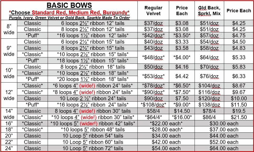 Red Bows Price List